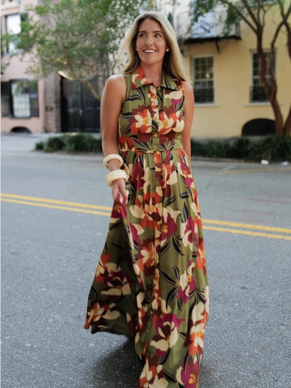 Like New BURU Sleeveless Olive Floral Maxi Dress with Collared Neck Size L